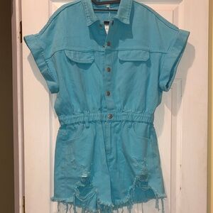 Turquoise Button-Front Distressed Denim Romper, Boutique, Large, NWT